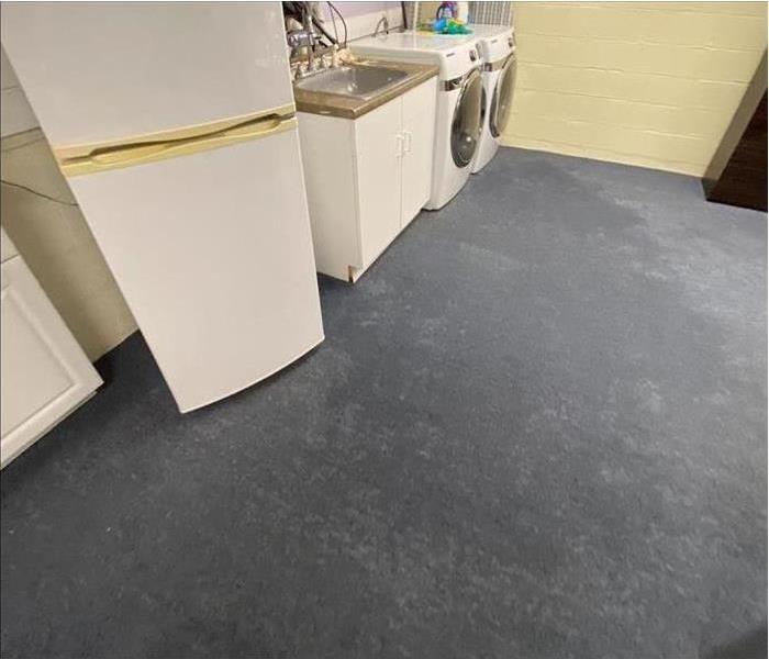 water soaked gray carpet in a basement by appliances